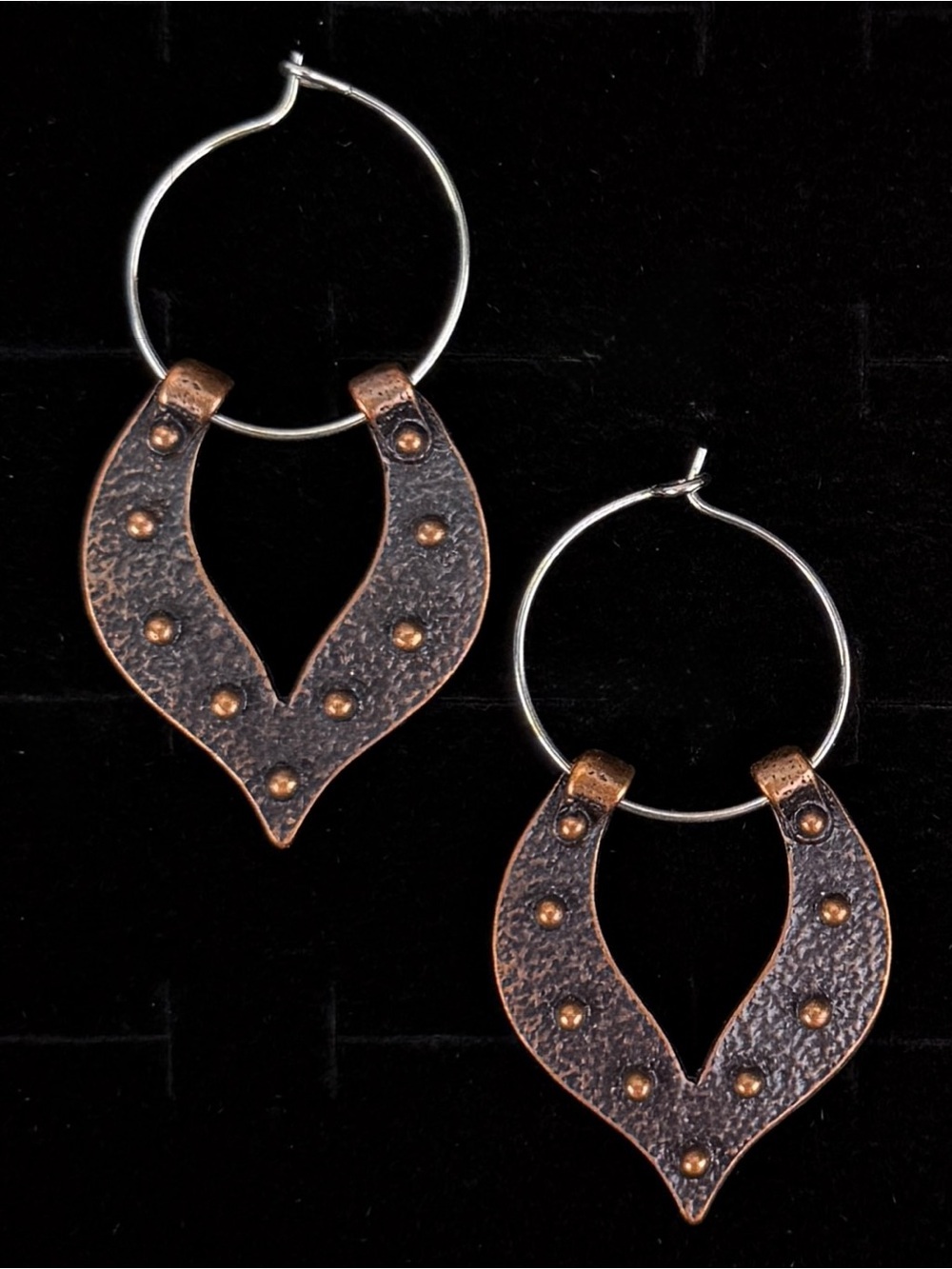Copper Tone Hammered Shield Hoop Earrings Rustic Boho Statement Pierced